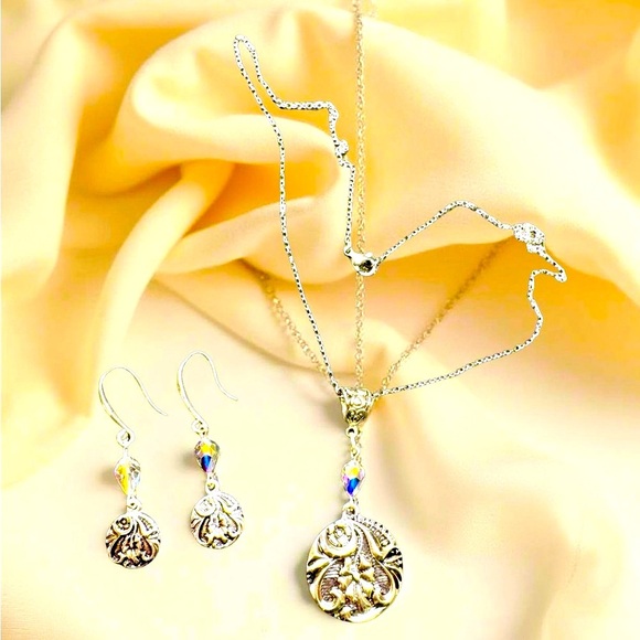 Hand Crafted Jewelry - Earrings & necklace:  Silver disk with etched floral design, Swarovski accents